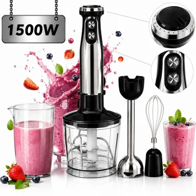 Produktbild von Stabmixer 5-in-1 mixer-Set,Edelstahl-Pürierstab mit stufenloser Geschwindigkeit , 1500 W , Zerkleinerer, Schneebesen, Milchaufschäumer und Messbecher, KI-generiertes Bild