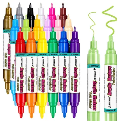 Image de Stylos marqueurs acryliques à double embout, 18 couleurs, résistants à l'eau. Pointe fine et ronde, de 0,7 mm à 2 mm, pour pierre, bois, tissu, verre, céramique, métal