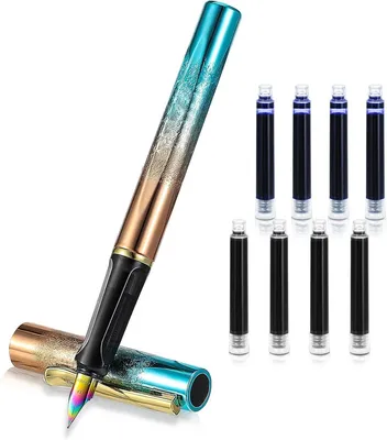 Bunte Füllfeder mit extra feiner Spitze 0,38 mm - 4 blaue & 4 schwarze Tintenpatronen