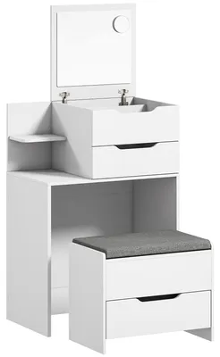 Produktbild von Schminktisch mit Spiegel und Hocker mit Klappspiegel, Kosmetiktisch mit Schubladen, Weiß