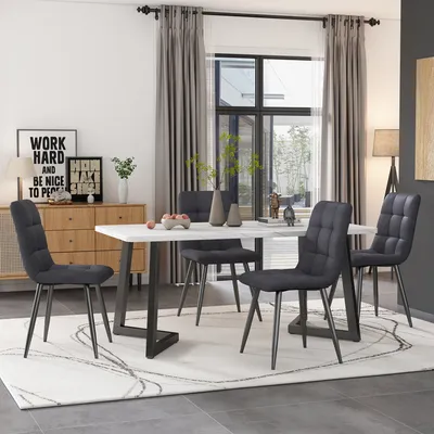 Produktbild von Flieks Sitzgruppe Essgruppe 5-tlg, Esstisch mit 4 Stühlen, Polsterstühle 4er Set Leinen, Esstisch Rechteckig, 117cm, Grau