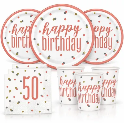 Produktbild von 50. Geburtstag Partyset Einweggeschirr roségold 48 tlg. Partygeschirr Teller Becher Servietten