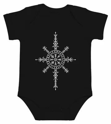 Imagen del producto de Body para bebé, color , con diseño de Vegvisir vikingo, runas, mitología nórdica y Aegishjalmur. Talla: 6/12 meses