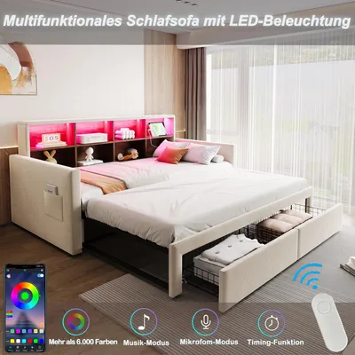 Image de OKWISH Lit Gigogne 90x190 cm - Lit Capitonné avec LED, 2 Tiroirs et Compartiments pour Enfant - Velours, MDF, Beige - sans Matelas