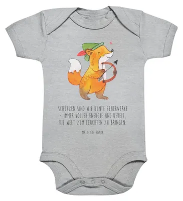 Produktbild von Mr. & Mrs. Panda Strampler Schütze Astrologie 3. - 6. Monat - Heather Grey - Geschenk, Tierkreiszeichen, babyanzug, Sternzeichen, overall baby, babykleidung body