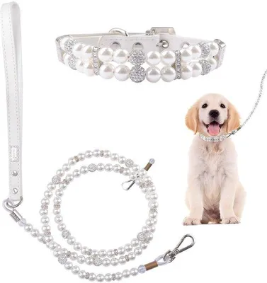 Productafbeelding van Dailygoods- Halsband Honden/ Katten - Verstelbare Leren Halsband - Hondenriem 125 cm - Parelketting 33 cm - Duurzaam Polyurethanleer - Elegant met Strass