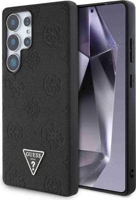 A black phone case with a repeating Guess logo pattern and a triangular Guess logo emblem is shown next to a smartphone.
