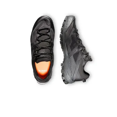 Schwarze Trailrunning-Schuhe "Ducan II Low GTX Men" von Mammut; mit rutschfester Sohle und schnürbarem Design.