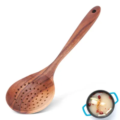 Schlitzlöffel aus Teakholz, 28 cm, mit Aufhängeloch