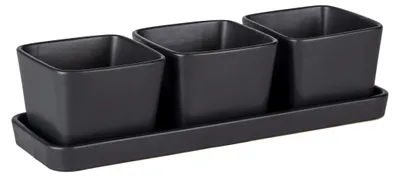 Snackset 4-teilig, Keramik, Tablett + 3 Schälchen, 30x10x8 cm, schwarz