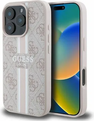 A pink and beige Guess iPhone case with a striped design is shown next to an iPhone.