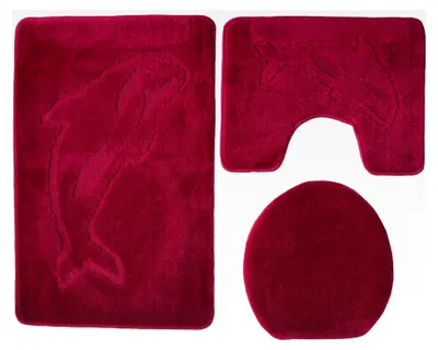 Produktbild von 3-teiliges Badset WC Delphin Muster einfarbig, Badteppich 55x85cm, WC-Vorleger mit Ausschnitt für Stand-WC (Bordeaux)