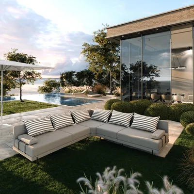 Produktbild von TRADA Gartenecksofa Bahama L Streifengrau 298x298 cm Gartenmöbel set Wasserabweisend Stoff
