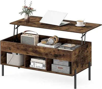 Produktbild von Couchtisch mit Hubplatte, höhenverstellbarer Beistelltisch mit Stauraum, Wohnzimmertisch mit offenen Ablage & verstecktem Fach, Kaffeetisch für Wohnzimmer & Büro, 100 x 50 x 59 cm (Kaffee)