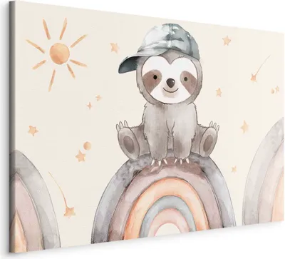 Produktbild von Italienischer Leinwand Leinwandbild - Happy Sloth - Sloth in Subdued Colors Wearing a Cap Sitting on a Rainbow Among Little Stars 120x80 cm Für Kinder e-C-10060-b-a