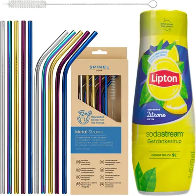 Produktbild von Sodastream Lipton Eistee Sirup 440ml mit SpinelSoda Metallstrohhalme Set