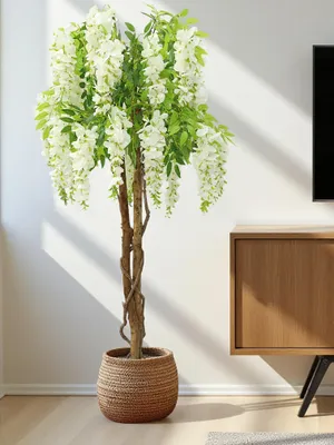 Produktbild von Kunstpflanze Wisteria im Topf 120 cm künstliche Pflanze weiße Blüten Dekopflanze