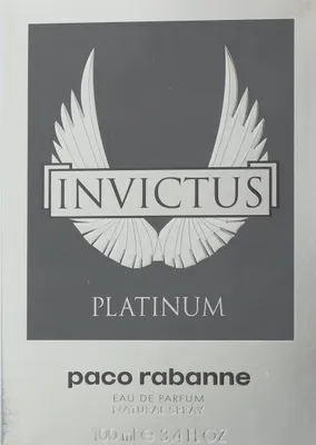 The image shows the front of a perfume box for Paco Rabanne Invictus Platinum.
