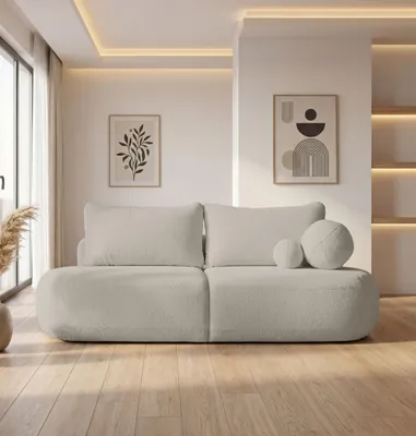 Produktbild von Schlafsofa mit Bettkasten – 3-Sitzer Sofa Couch mit Schlaffunktion – Skandinavische Polstercouch mit Rücken- und Dekokissen für Wohnzimmer – Weicher Boucle in Grau