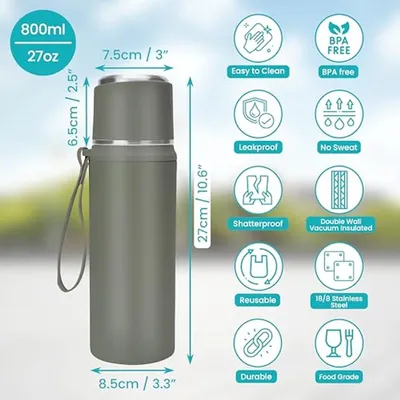 Isolierende RVS Flasche 800ml - Doppeltwandig und Vakuumisoliert - Wiederverwendbarer und Auslaufsicherer Becher für Kaffee