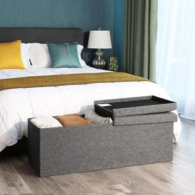 Obrázek produktu pro Úložná lavice z lnu – šedá – 110 x 38 x 38 cm