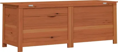 A wooden outdoor cushion box is shown against a white background.