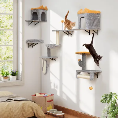 Image de COSTWAY 6 PCS Mur d'escalade pour chats, mur d'arbre à chat à 3 étages avec balle & plates-formes, 2 tanières pour chats, hamac, 1 lit&1 planche à gratter, arbre à chat gris