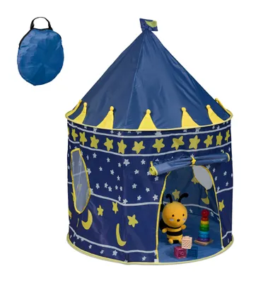 Obrázek produktu pro Relaxdays Dětský stan Měsíc a hvězdy, pro děti, do interiéru, HD 135 x 100 cm, dětský stan, vchod se suchým zipem, modrý/žlutý