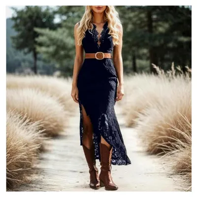 Produktbild von Langes Boho Kleid für Damen im Vintage-Rustikalen Stil mit V-Ausschnitt und Blumenmuster, Lässiges Maxikleid für den Frühling, Langarm Blumenkleid im Western Country Stil, Chiffonkleid für Cosplay und Partys