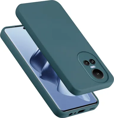 A teal silicone phone case is shown on top of a smartphone.