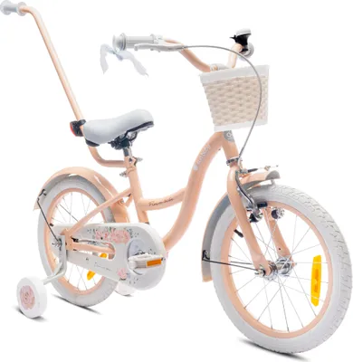 Obrázek produktu pro Kolo pro dívku 16 palců 4-6 let kolo s tréninkovými koly tlačné zařízení zvonek košík Flower Bike meruňka