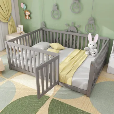 Image de Lit d'enfant 140 x 200 cm, sommier en bois avec barrières et porte, gris