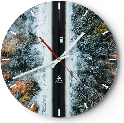 Produktbild von Wanduhr - Rund - Glasuhr - Wald Weg Schnee - 30x30cm - Schleichendes Uhrwerk - Lautlos - zum Aufhängen bereit - Dekoration Modern - Wanddekoration aus Glas - C3AR30x30-4654