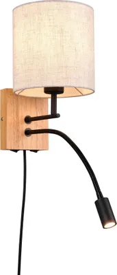 A wall lamp with a fabric shade and a flexible reading light.