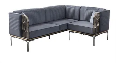 Produktbild von Exklusives Graues Esszimmer Set Luxus Edelstahl Tisch 2x Textil Stühle