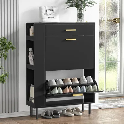 Image de Armoire à chaussures noire, avec 2 portes, 1 tiroir et 3 étagères ouvertes, pouvant contenir de 12 à 16 paires de chaussures