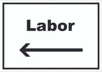 Produktbild von Labor Schild mit Text und Richtungspfeil links untersuchen forschen waagerecht A6 Rückseite selbstklebend