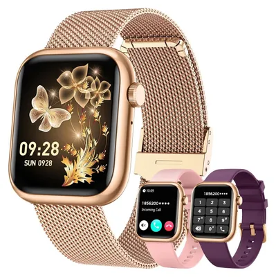 A smartwatch with a rose gold mesh band is shown, with two other smartwatches in pink and purple bands displayed in the foreground. The main smartwatch screen displays a floral butterfly design and the time.