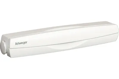 A white retractable clothesline mounted on a wall.