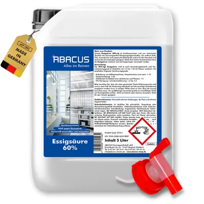 Produktbild von ABACUS® 1x 5L Essigsäure 60% Hochkonzentriert für Haushalt, Garten & Industrie Vielseitig einsetzbar als Essigreiniger zum Reinigen & Entkalken
