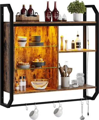 Image de Étagère de cuisine, étagères de 84 cm de large en tubes industriels avec tablettes en verre réglables, étagère murale avec 6 crochets en S, porte-serviettes, étagère à vin et à café pour un style rustique, marron