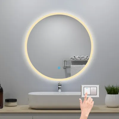 Produktbild von LED Rund Badspiegel 70cm 3 Lichtfarbe 3000K-6000K Dimmbar Memory-Funktion Badezimmerspiegel mit Touch/Wandschalter Beschlagfrei IP44