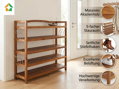 Immagine prodotto di Scaffale per scarpe in legno di acacia, 5 ripiani, 94 x 26 x 82 cm, colore marrone