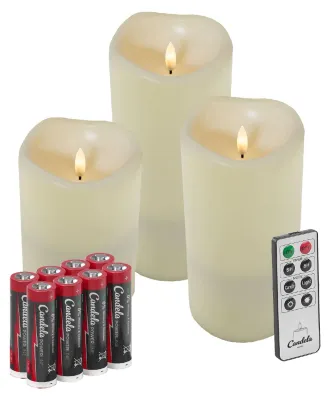 Produktbild von Candela Lights Outdoor LED Kerzen 3er Set Cream inkl. Fernbedienung + 6 Batterien Timer Funktion & mehrstufig dimmbar flammenlos Stumpenkerzen