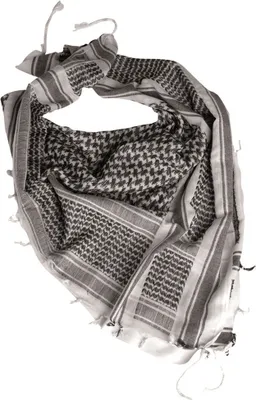 A black and white patterned scarf laid out on a white background.