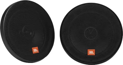 Two black round speakers are shown against a white background.