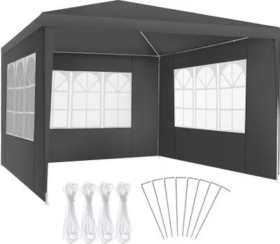 A gray gazebo with windows and accessories.