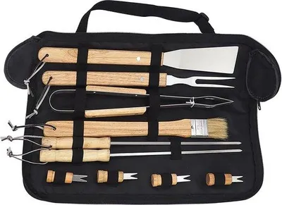 Image de Set d'ustensiles de barbecue en acier inoxydable avec manche en bois, 10 pièces, pour les pique-niques et les barbecues