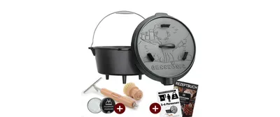 Produktbild von GUSSKÖNIG Dutch Oven Set 7L - ohne Füße - Eingebrannter Gusseisen-Feuertopf mit innovativem 2in1 Deckelheber, Bürste und Rezeptbuch [für 3-5 Personen]