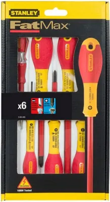 Image de Jeu de 6 tournevis isolés Stanley Fatmax 0-65-441, pointe CNC pour la force et la précision, sablage contre la corrosion, approuvé VDE jusqu'à 1 000 V, entièrement isolé pour la sécurité, manche rouge VDE, fabriqué en France